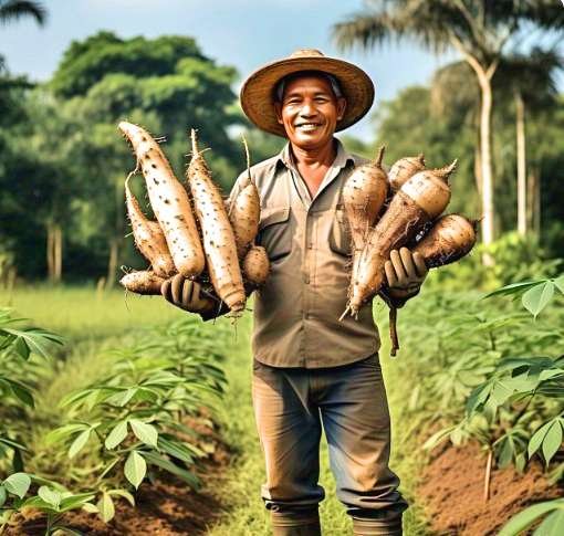 Homme avec différentes espèces de manioc dans sa ferme