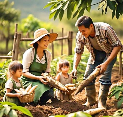 Une famille cultivant du manioc dans sa ferme